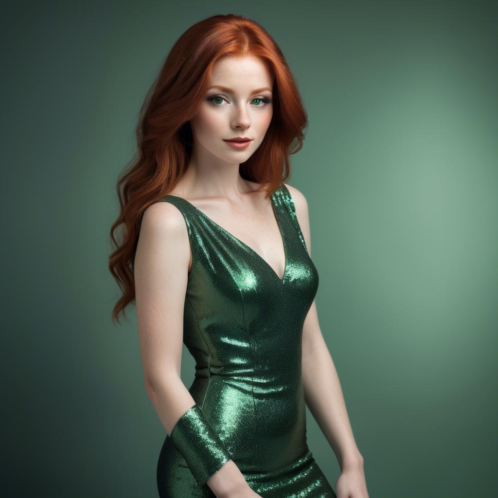 A stunning image of elegant redhead in a shimmering green dress.