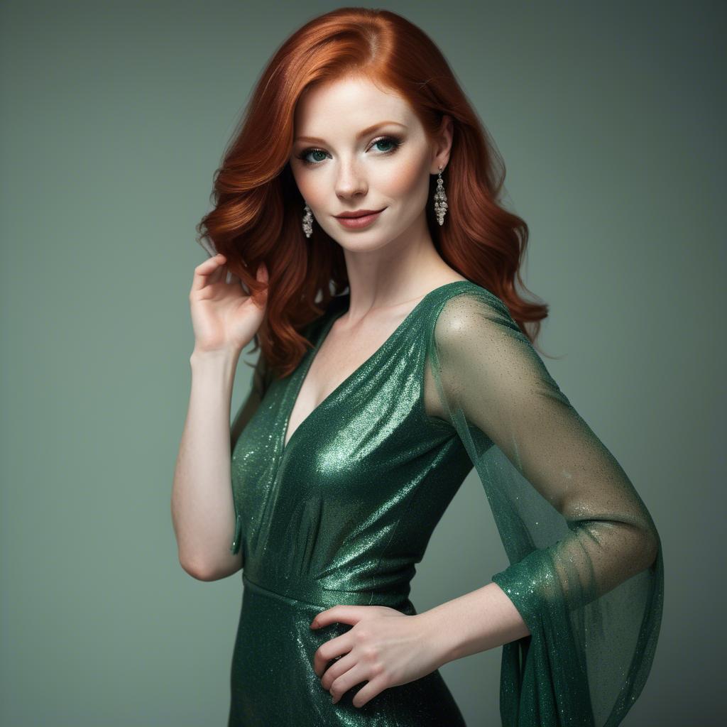 A stunning image of elegant redhead in a shimmering green dress.