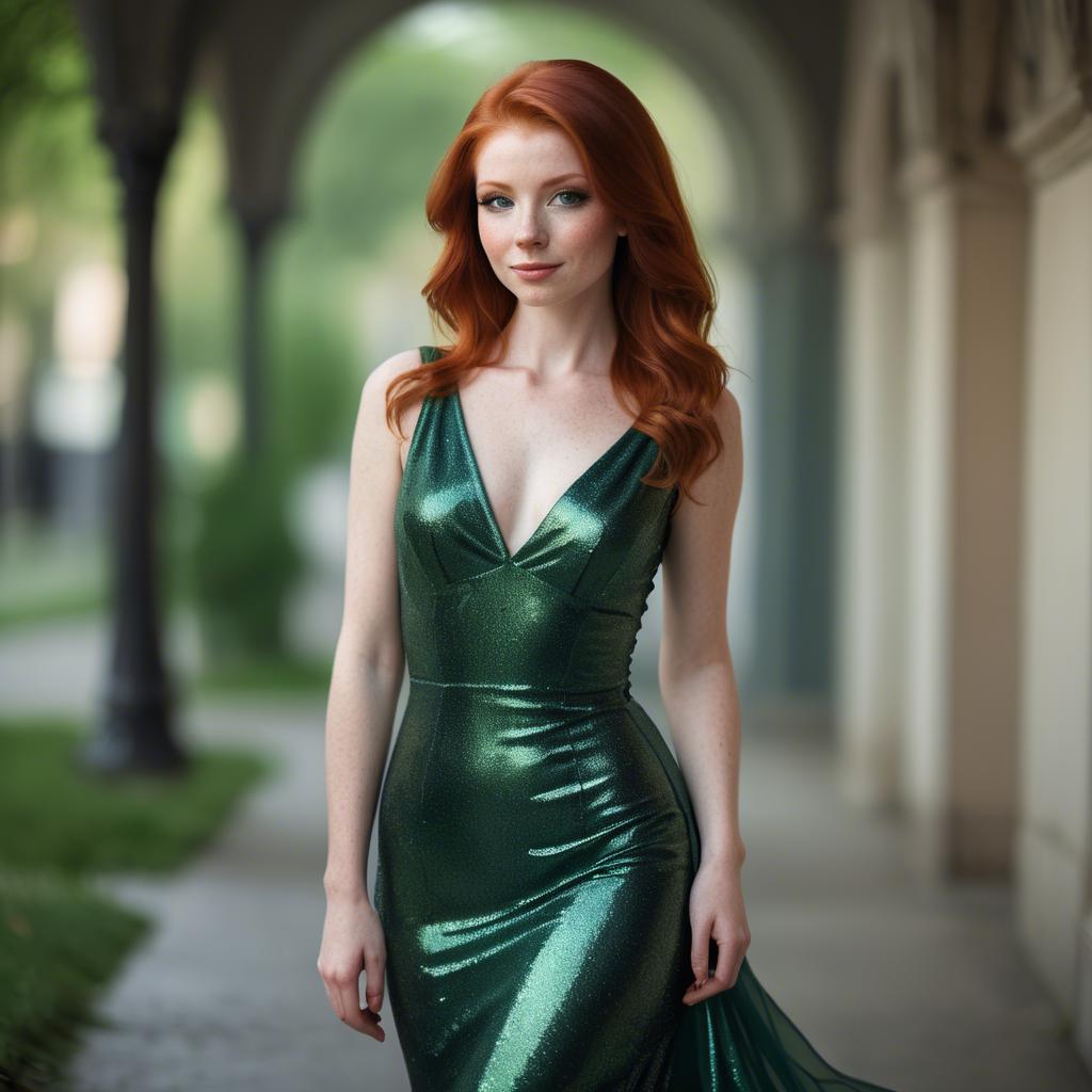 A stunning image of elegant redhead in a shimmering green dress.