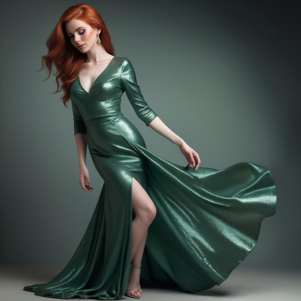A stunning image of elegant redhead in a shimmering green dress.