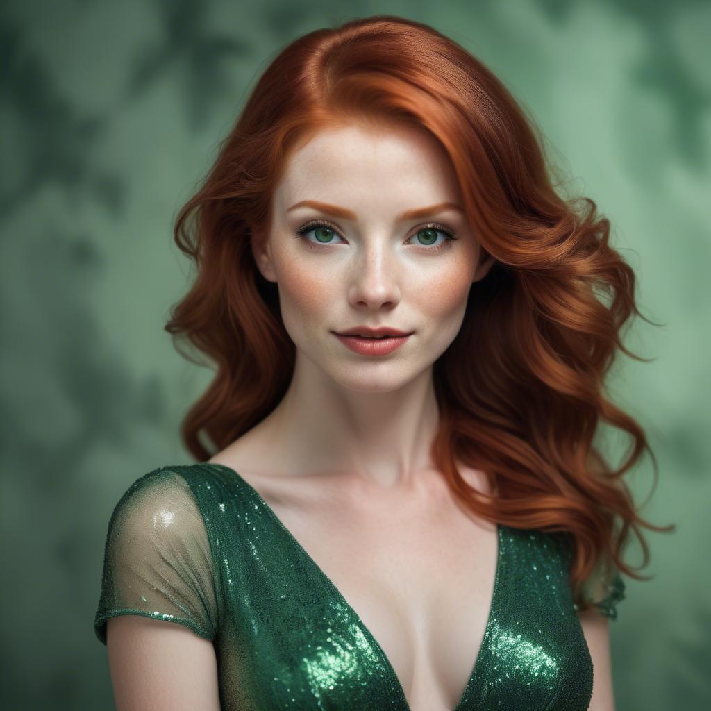 A stunning image of elegant redhead in a shimmering green dress.
