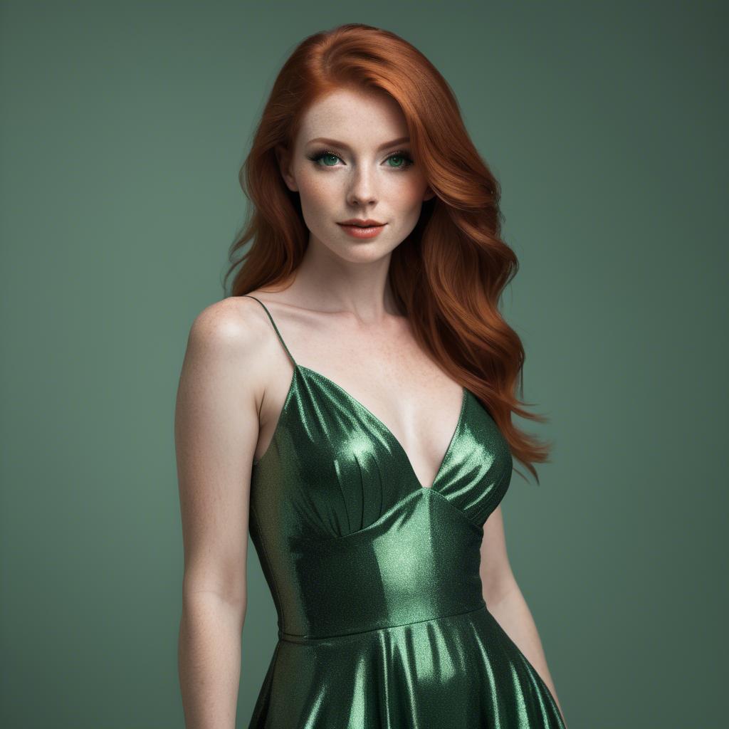 A stunning image of elegant redhead in a shimmering green dress.