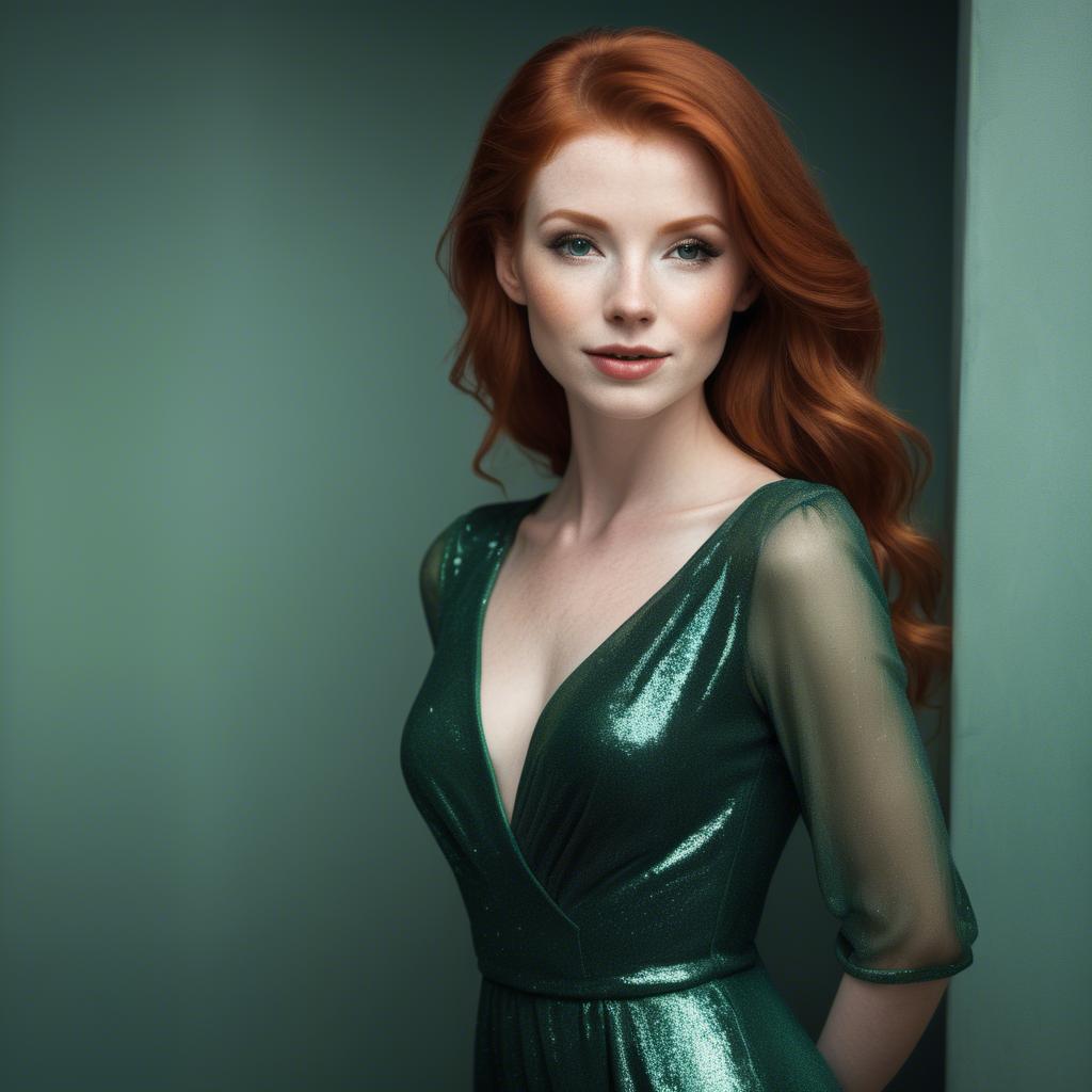 A stunning image of elegant redhead in a shimmering green dress.