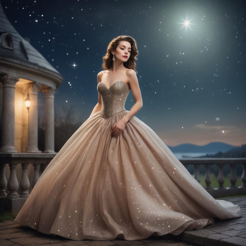 A stunning image of elegant woman in a ball gown under starlit skies.