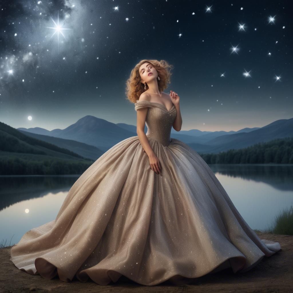 A stunning image of elegant woman in a ball gown under starlit skies.