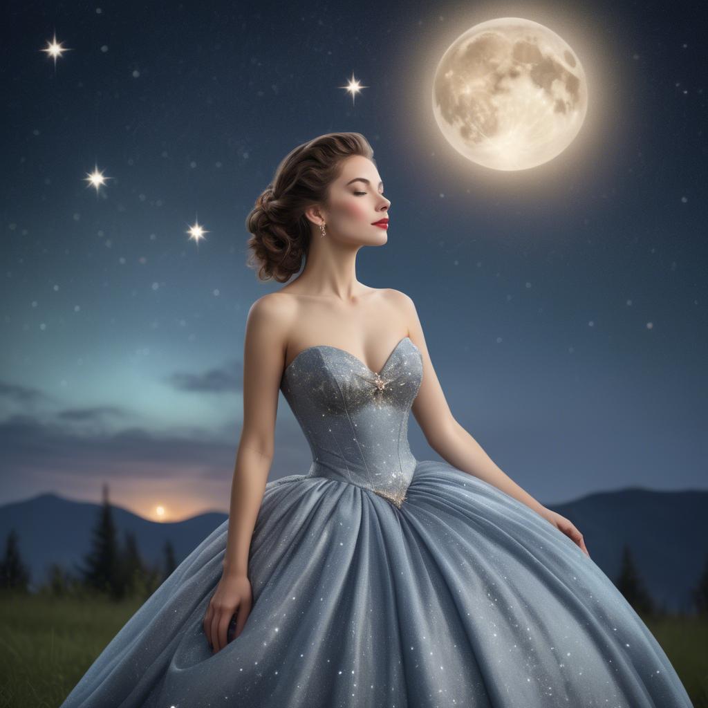 A stunning image of elegant woman in a ball gown under starlit skies.