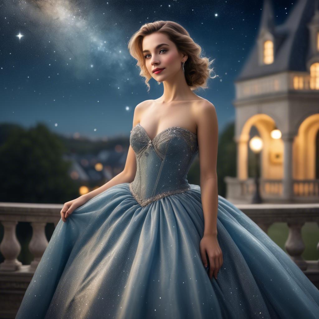 A stunning image of elegant woman in a ball gown under starlit skies.