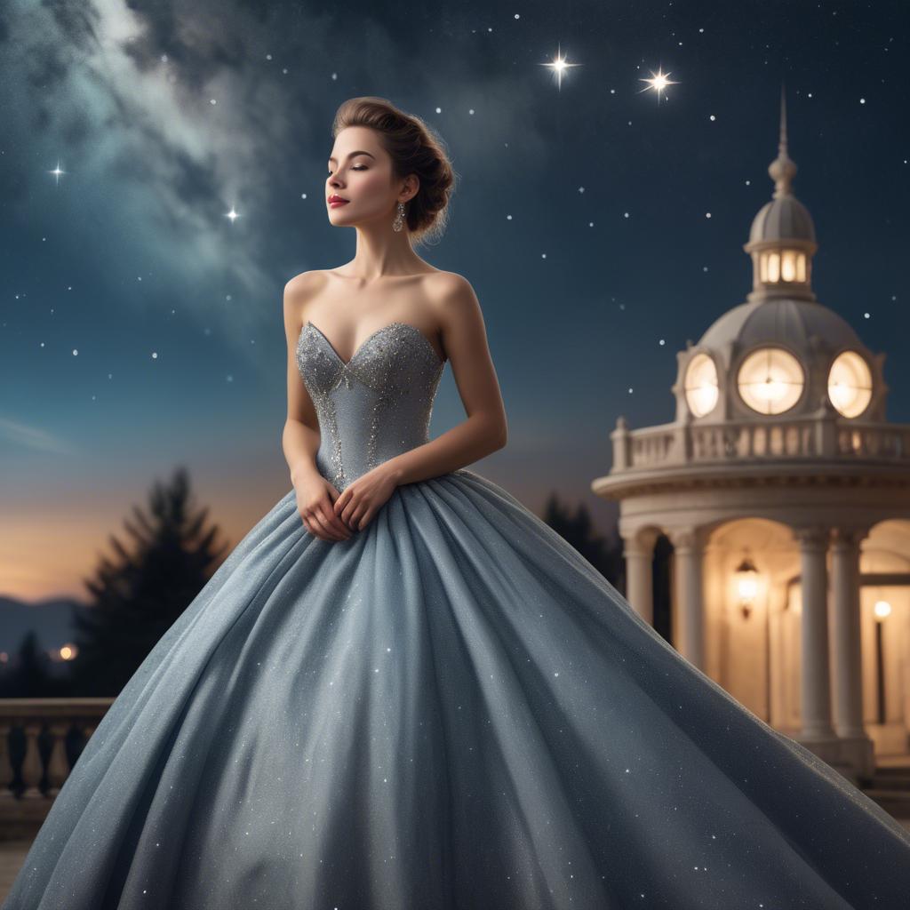 A stunning image of elegant woman in a ball gown under starlit skies.