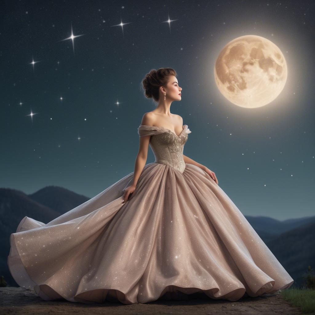 A stunning image of elegant woman in a ball gown under starlit skies.