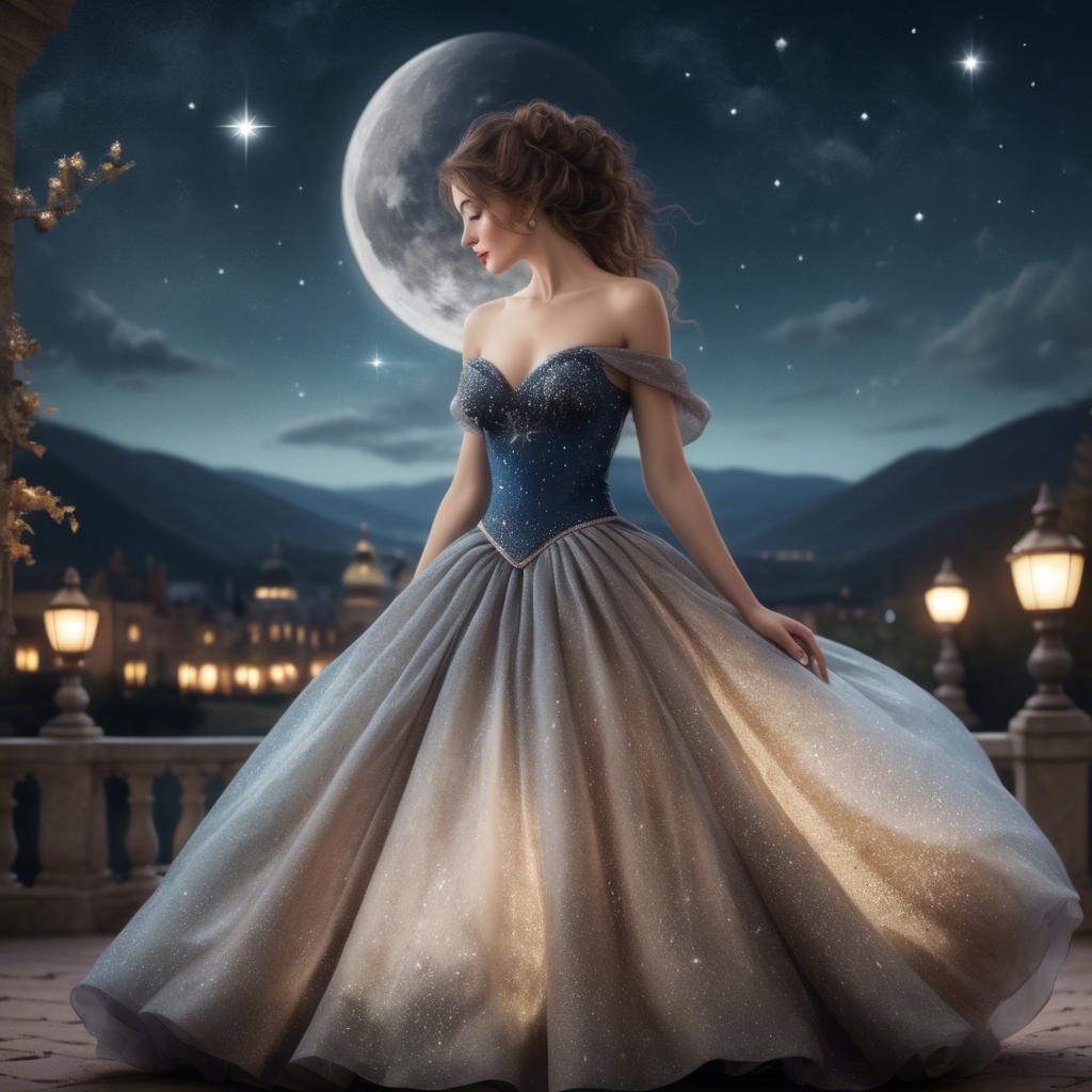 A stunning image of elegant woman in a ball gown under starlit skies.