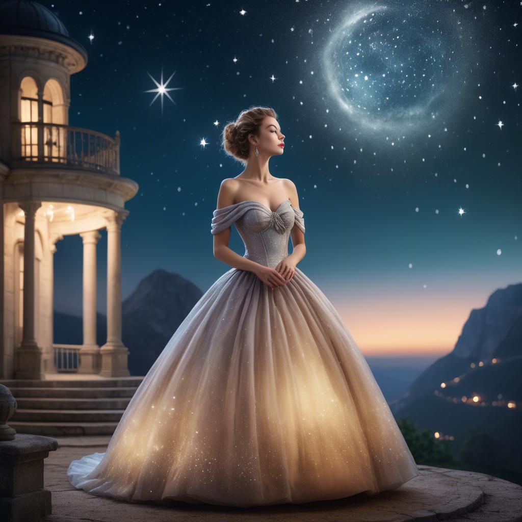 A stunning image of elegant woman in a ball gown under starlit skies.