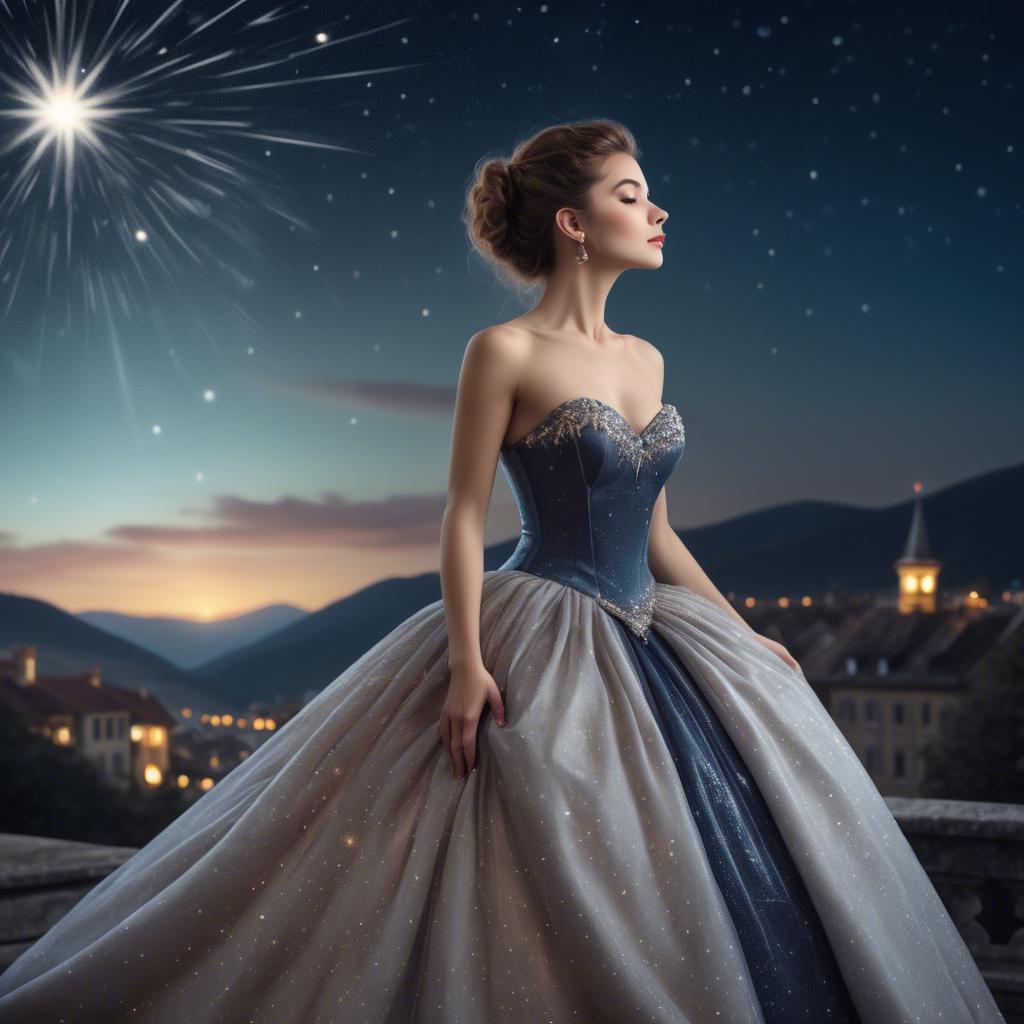 A stunning image of elegant woman in a ball gown under starlit skies.