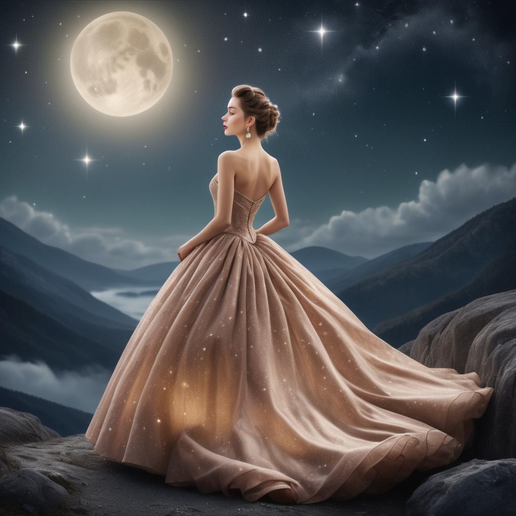 A stunning image of elegant woman in a ball gown under starlit skies.