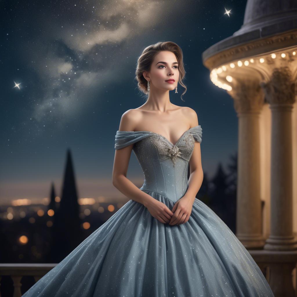 A stunning image of elegant woman in a ball gown under starlit skies.
