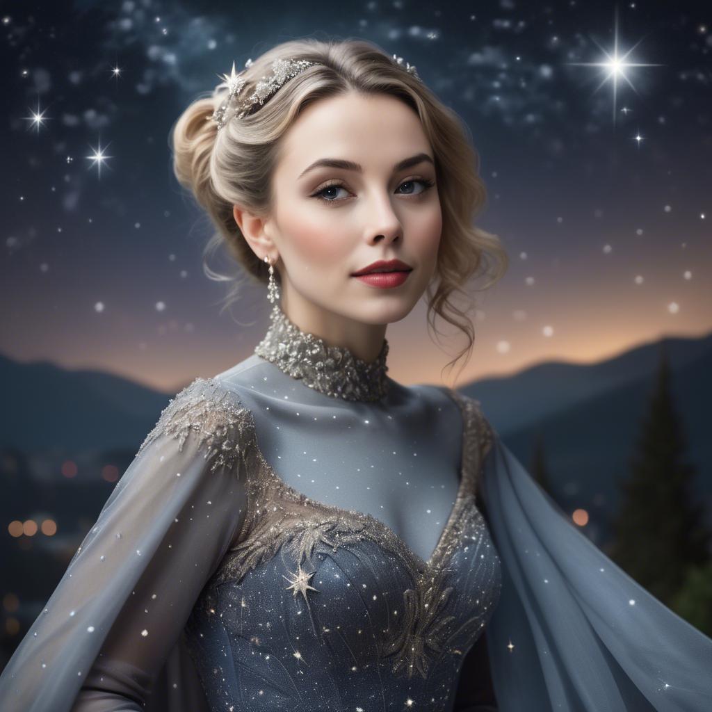 A stunning image of elegant woman in a ball gown under starlit skies.