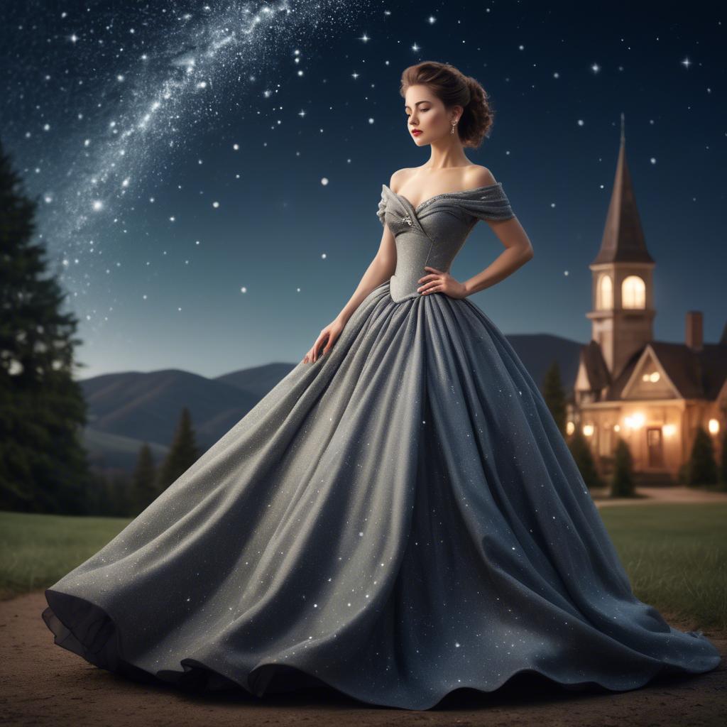 A stunning image of elegant woman in a ball gown under starlit skies.
