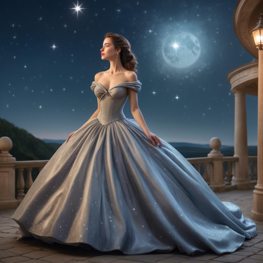 A stunning image of elegant woman in a ball gown under starlit skies.