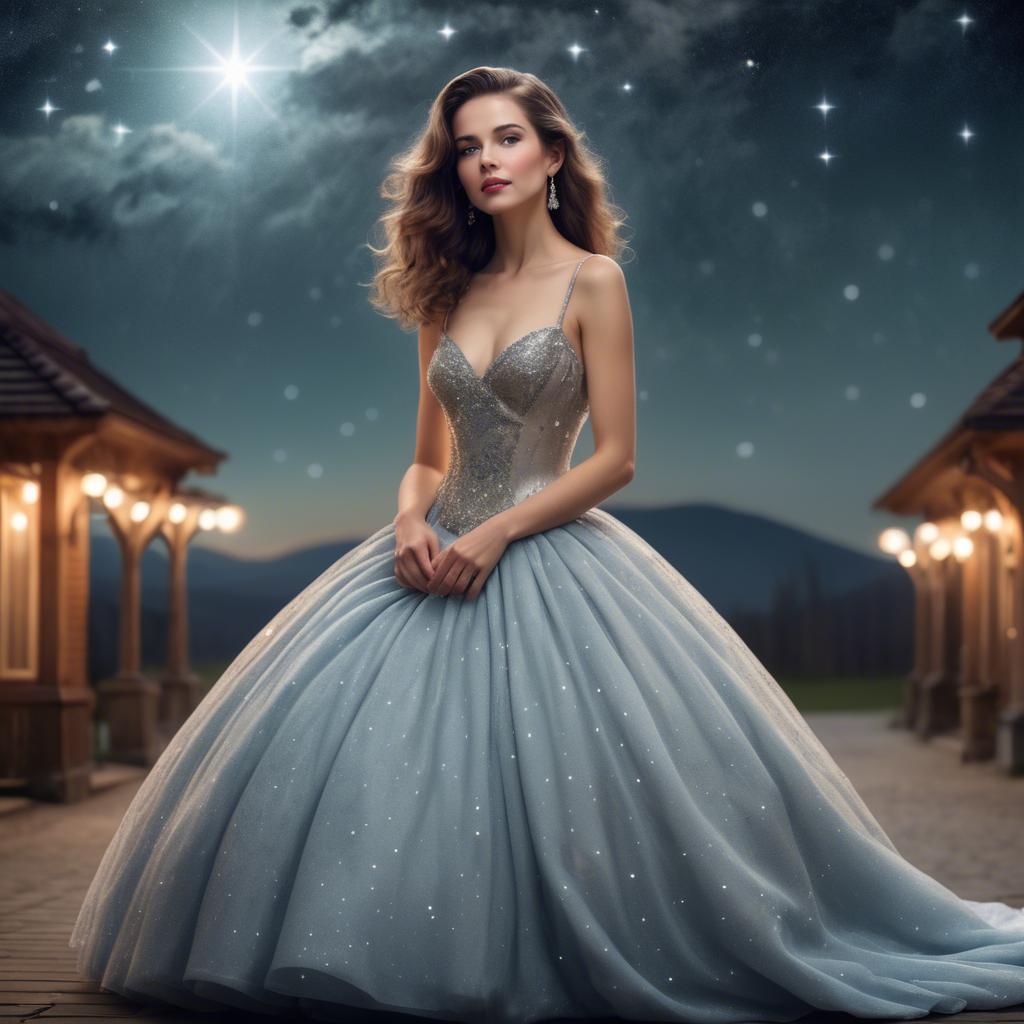 A stunning image of elegant woman in a ball gown under starlit skies.