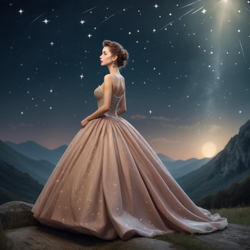 A stunning image of elegant woman in a ball gown under starlit skies.