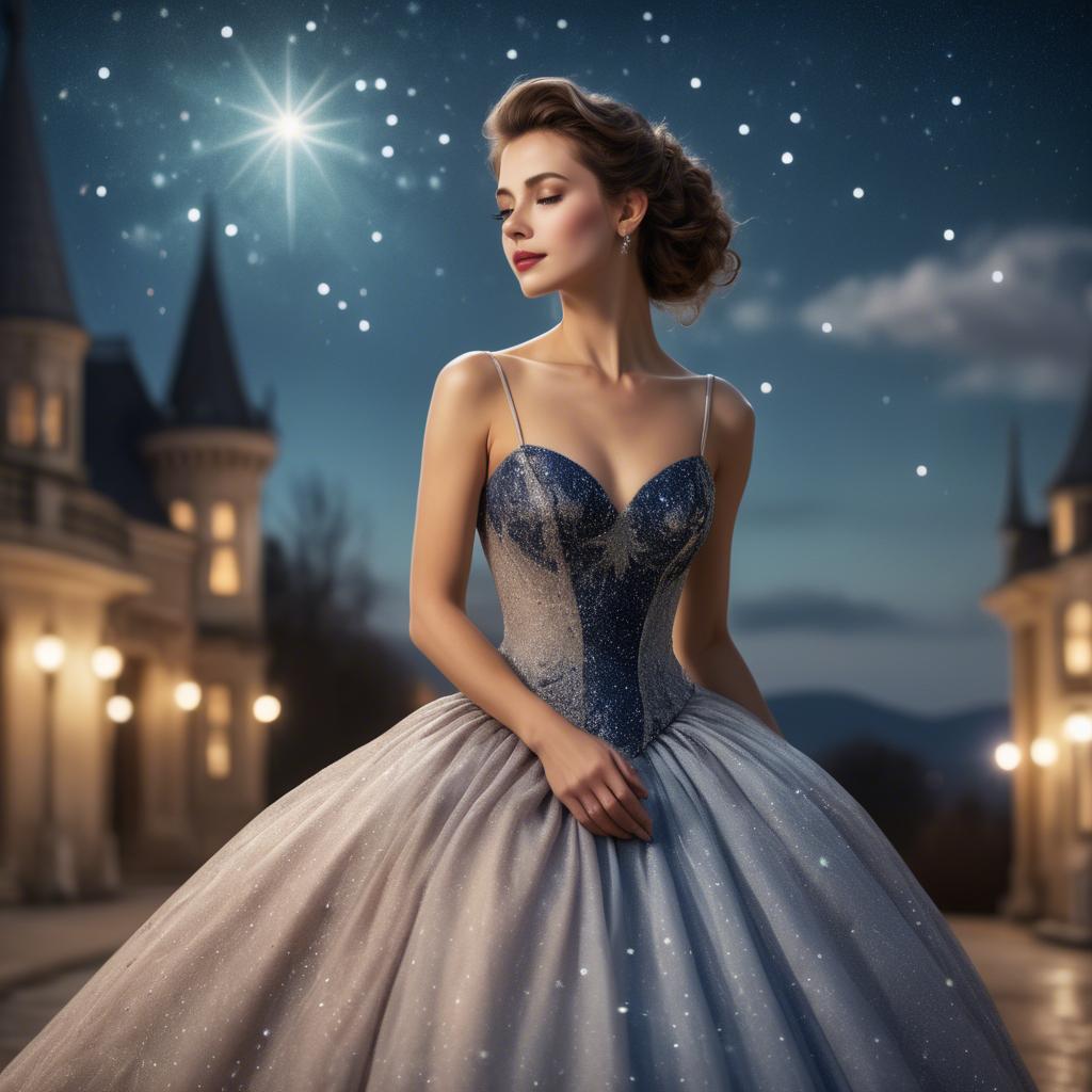 A stunning image of elegant woman in a ball gown under starlit skies.