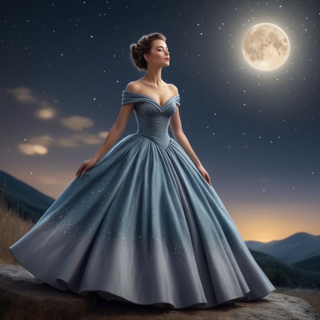 A stunning image of elegant woman in a ball gown under starlit skies.