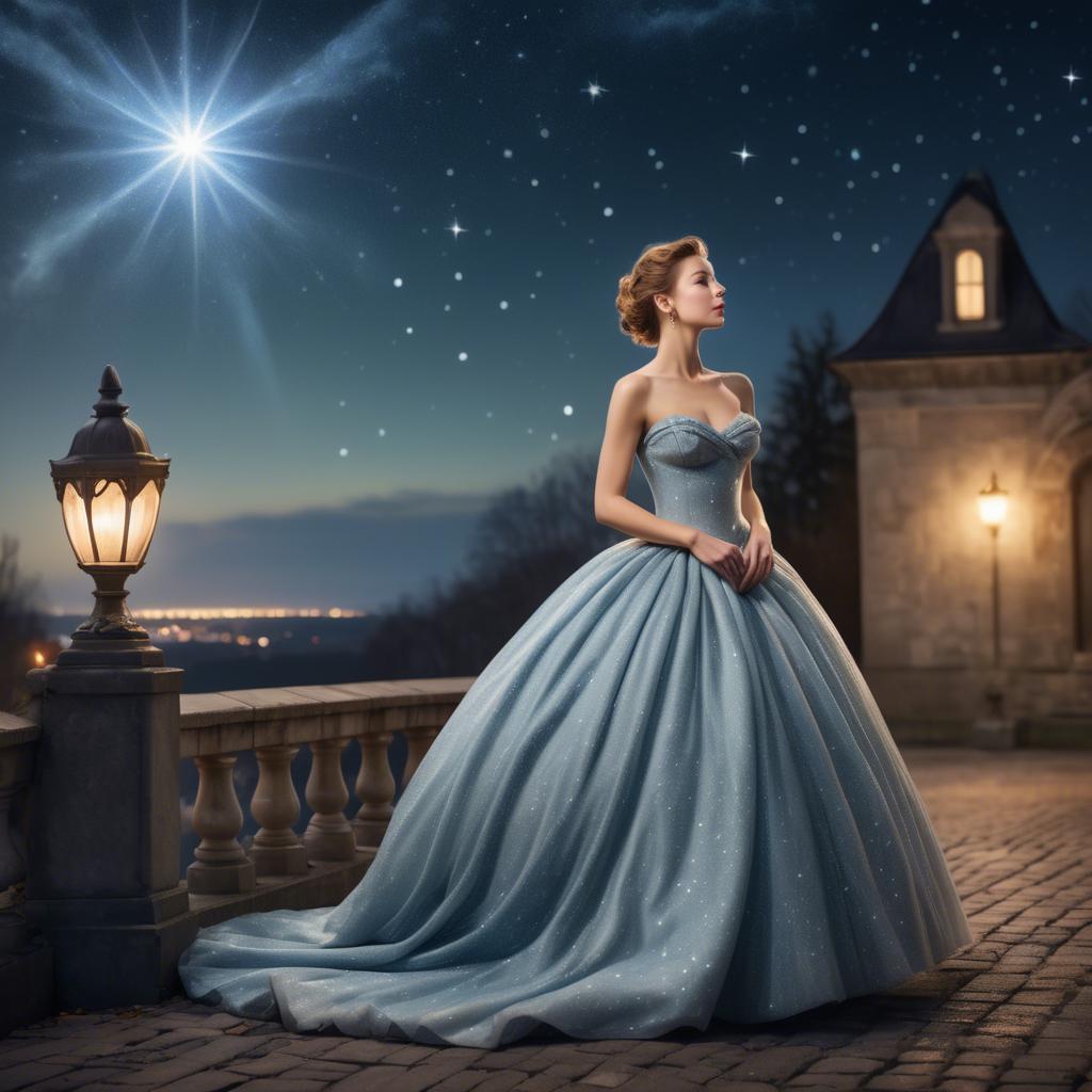 A stunning image of elegant woman in a ball gown under starlit skies.