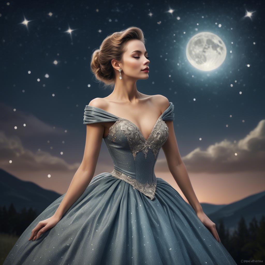 A stunning image of elegant woman in a ball gown under starlit skies.