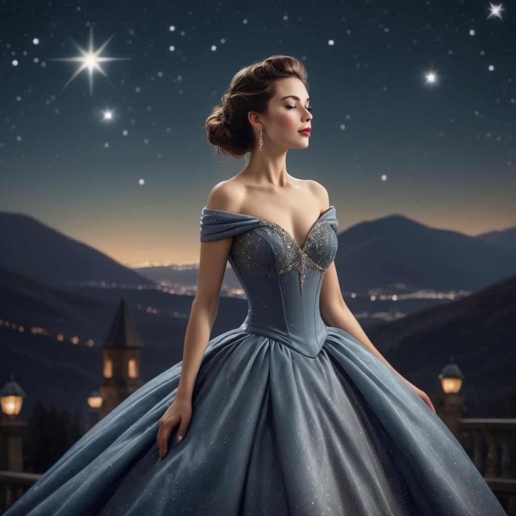 A stunning image of elegant woman in a ball gown under starlit skies.