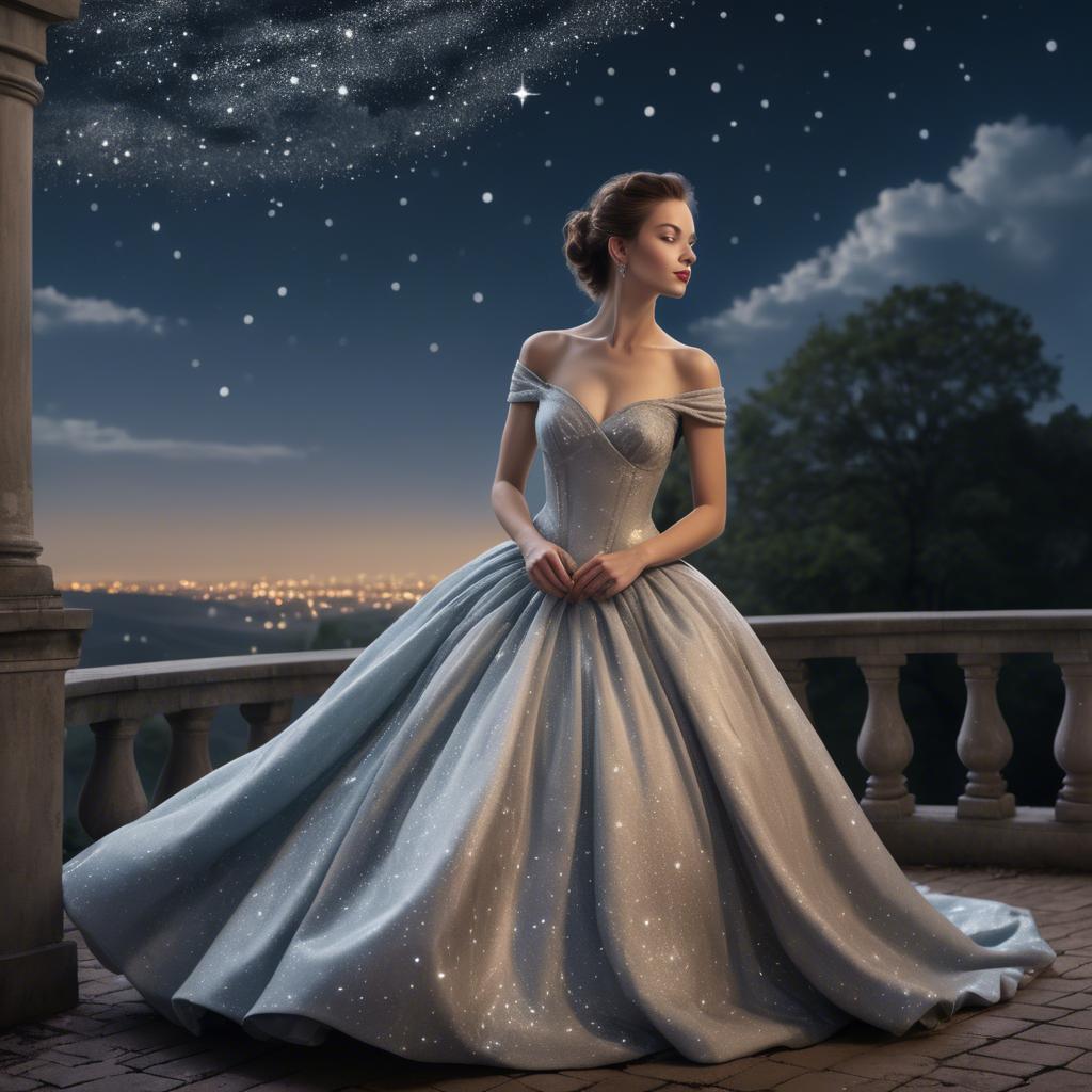 A stunning image of elegant woman in a ball gown under starlit skies.
