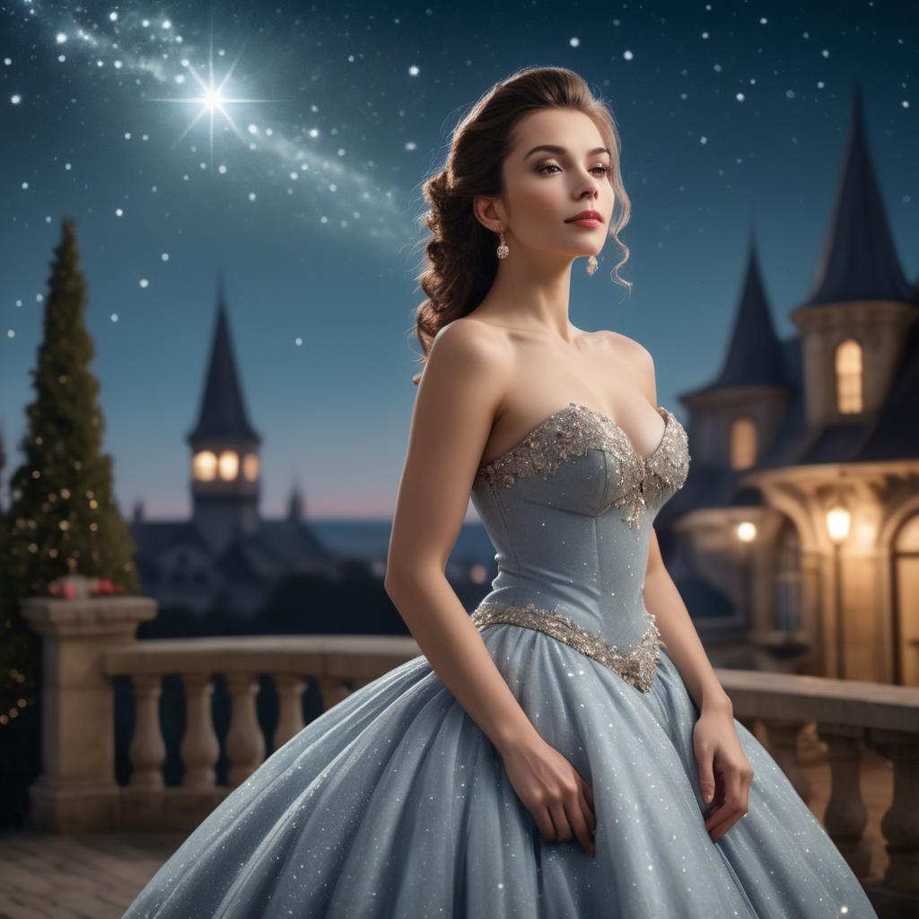 A stunning image of elegant woman in a ball gown under starlit skies.