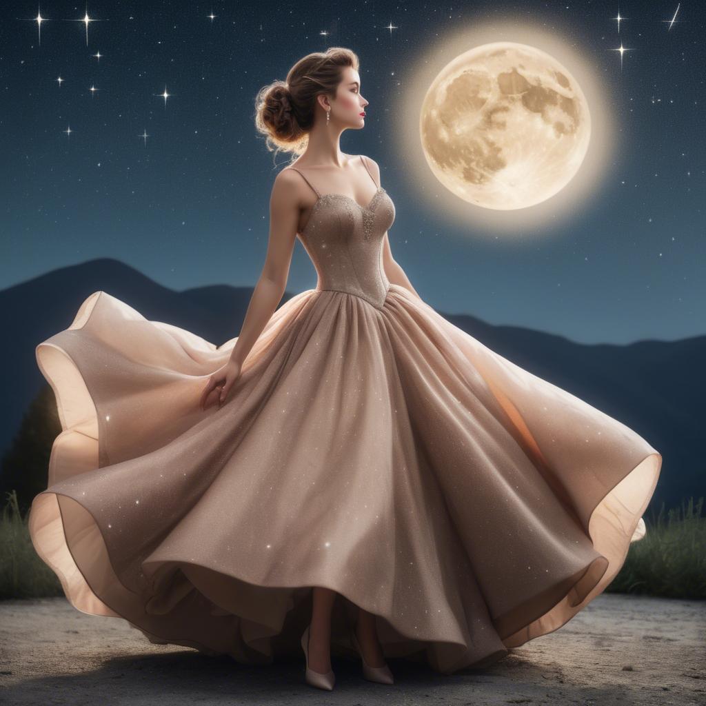 A stunning image of elegant woman in a ball gown under starlit skies.