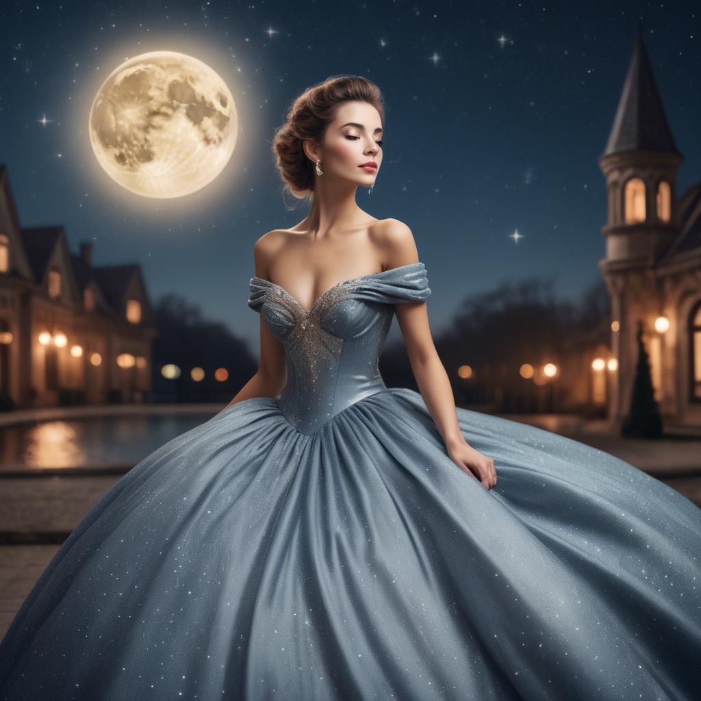 A stunning image of elegant woman in a ball gown under starlit skies.