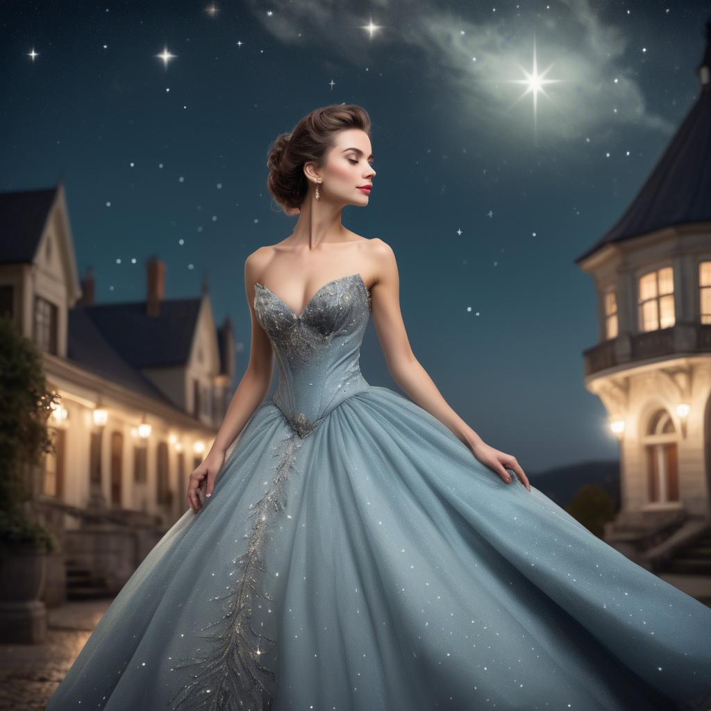 A stunning image of elegant woman in a ball gown under starlit skies.