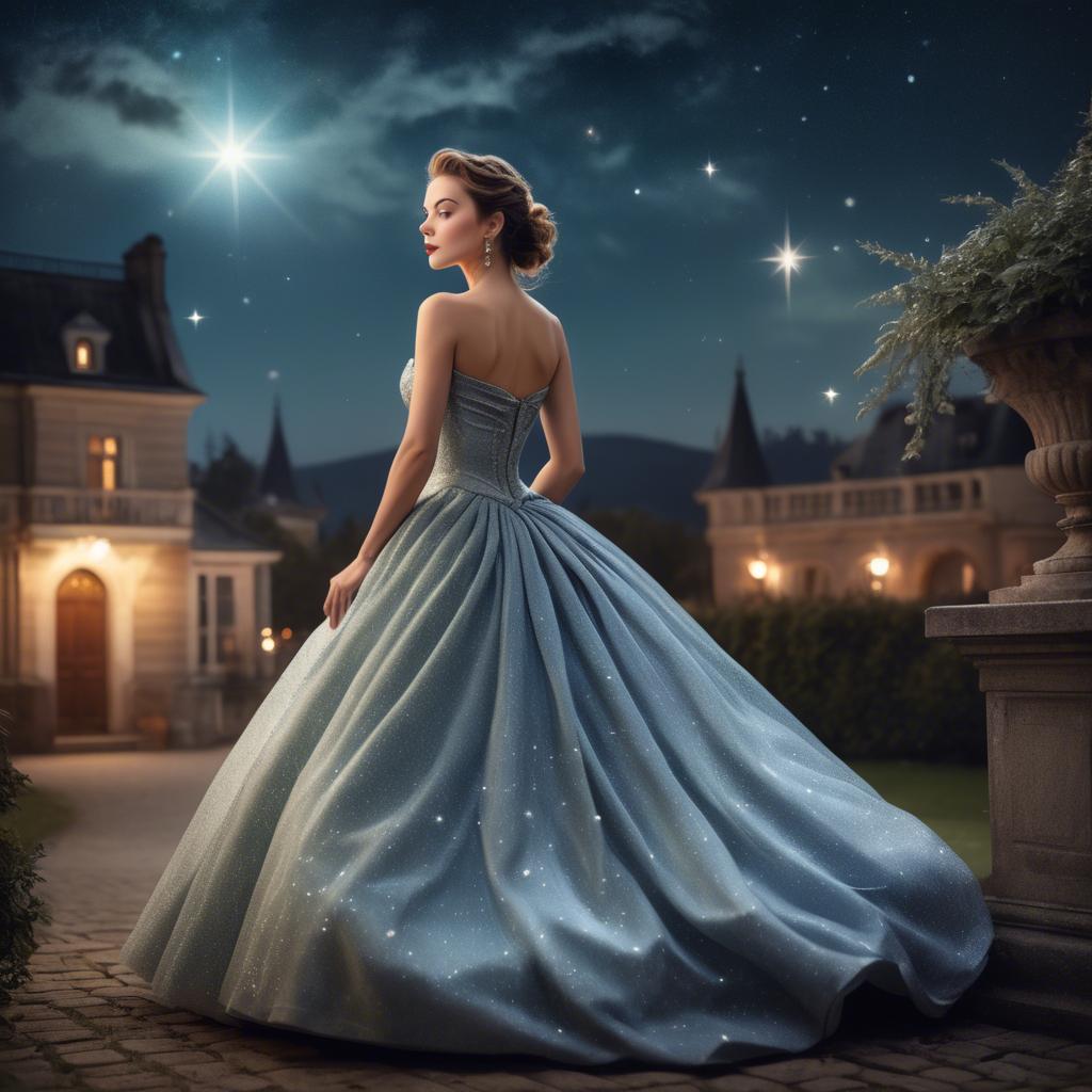 A stunning image of elegant woman in a ball gown under starlit skies.
