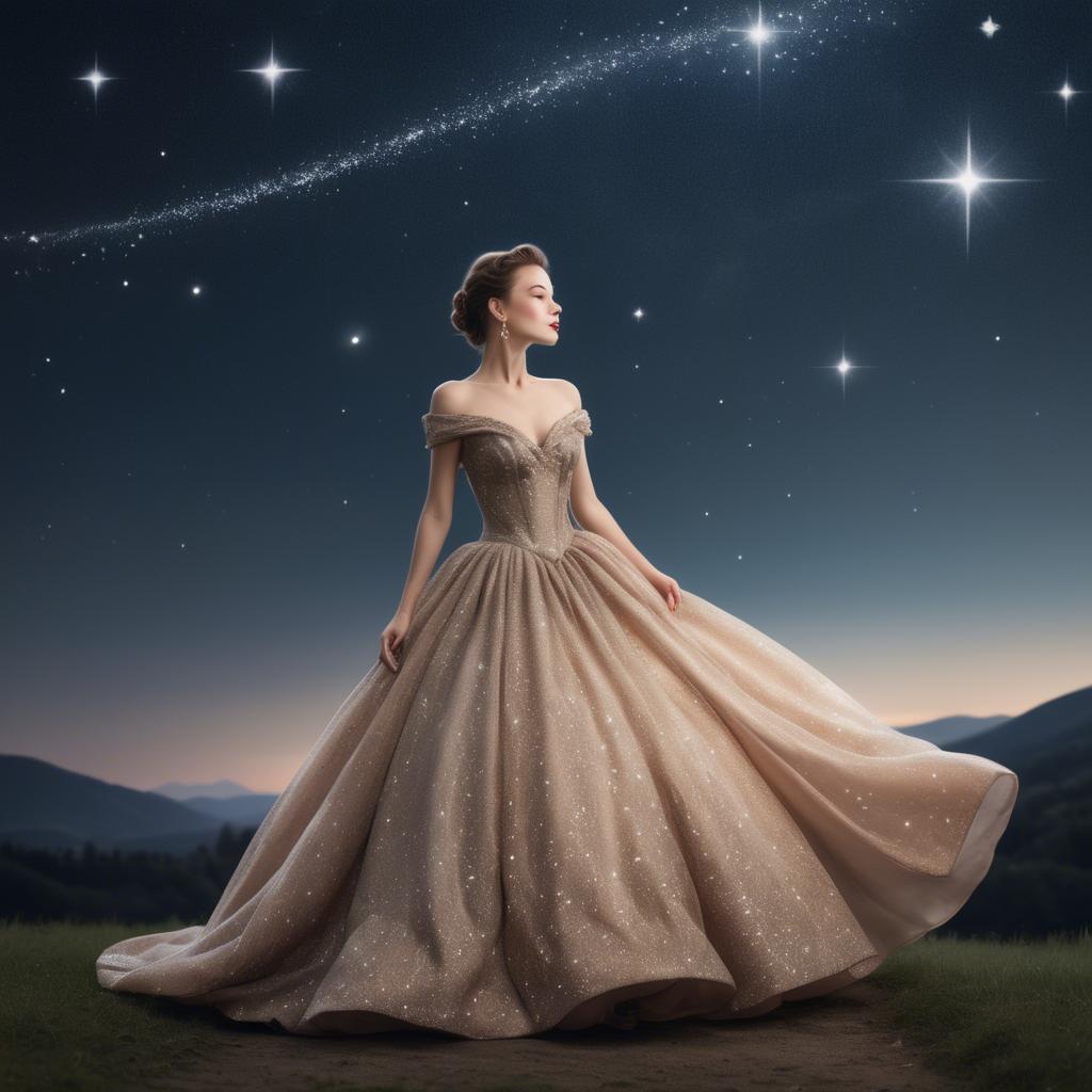 A stunning image of elegant woman in a ball gown under starlit skies.