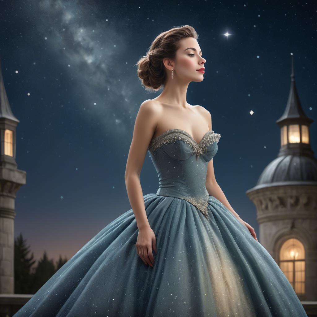 A stunning image of elegant woman in a ball gown under starlit skies.