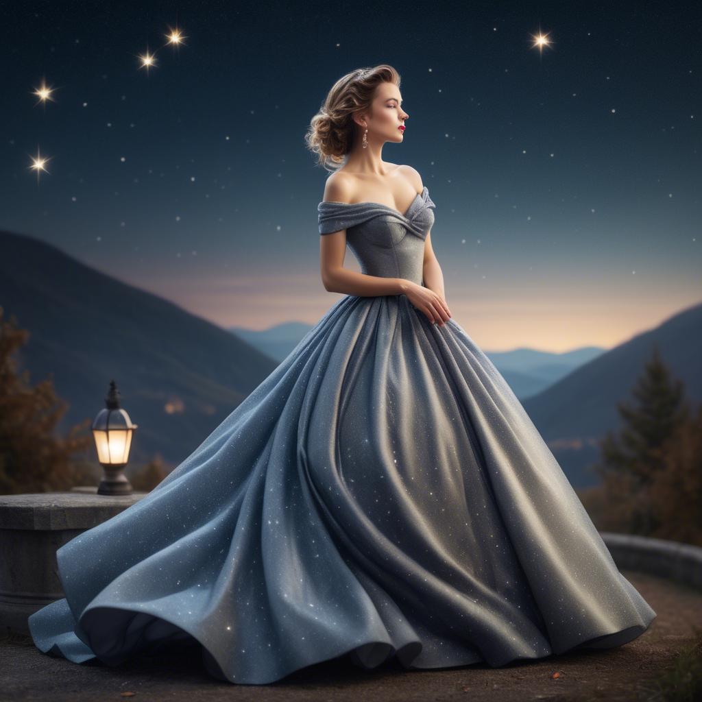 A stunning image of elegant woman in a ball gown under starlit skies.