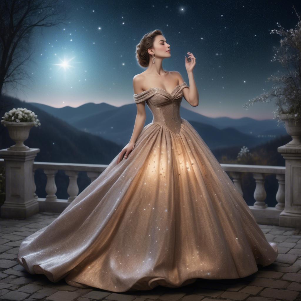 A stunning image of elegant woman in a ball gown under starlit skies.