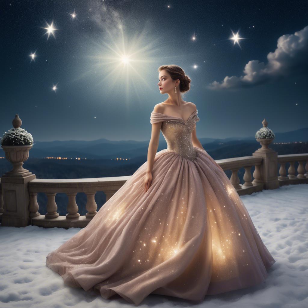 A stunning image of elegant woman in a ball gown under starlit skies.