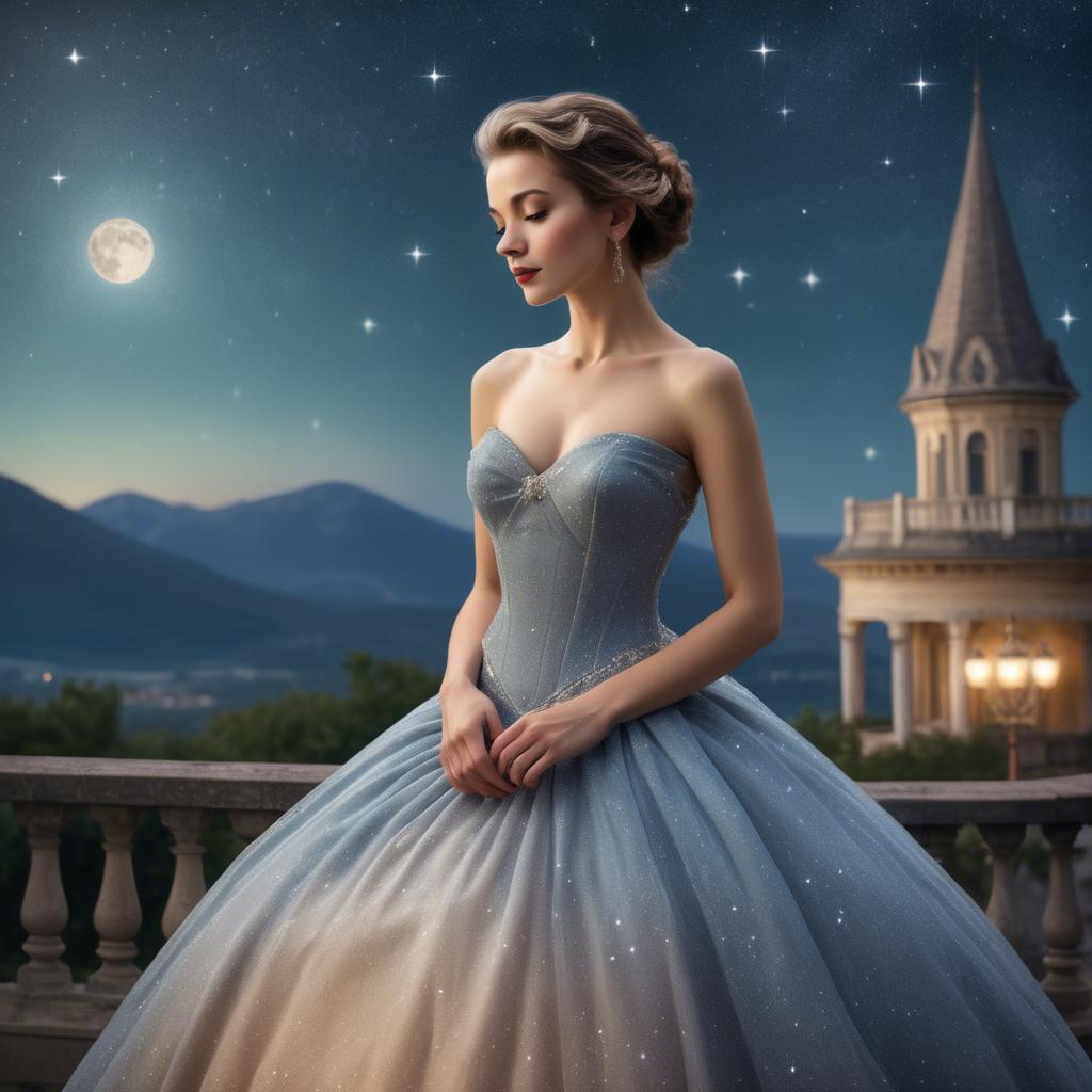 A stunning image of elegant woman in a ball gown under starlit skies.