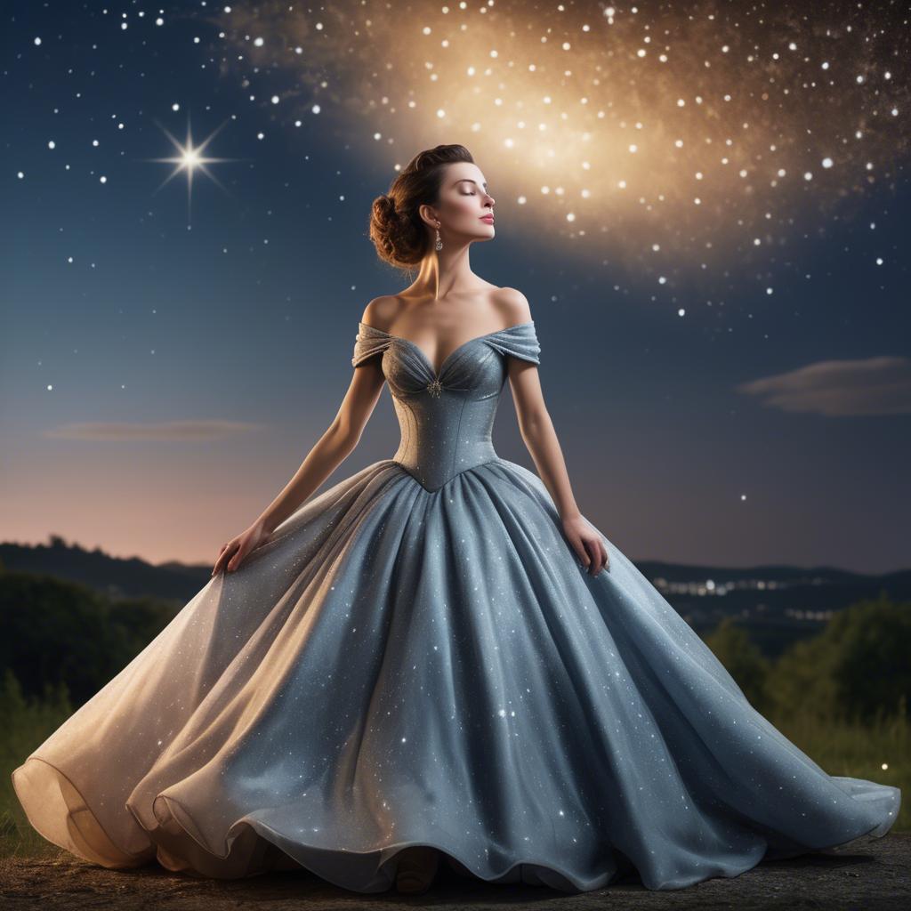 A stunning image of elegant woman in a ball gown under starlit skies.