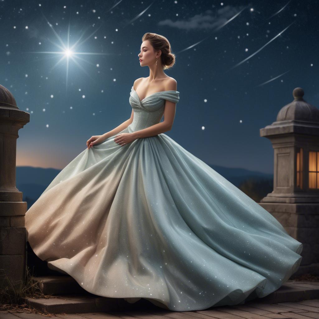 A stunning image of elegant woman in a ball gown under starlit skies.
