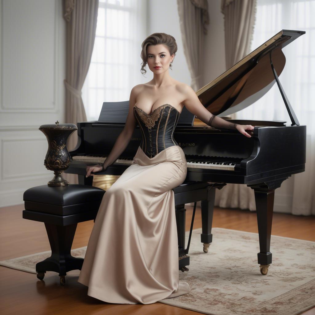 A stunning image of elegant woman in a corset gown by a grand piano.