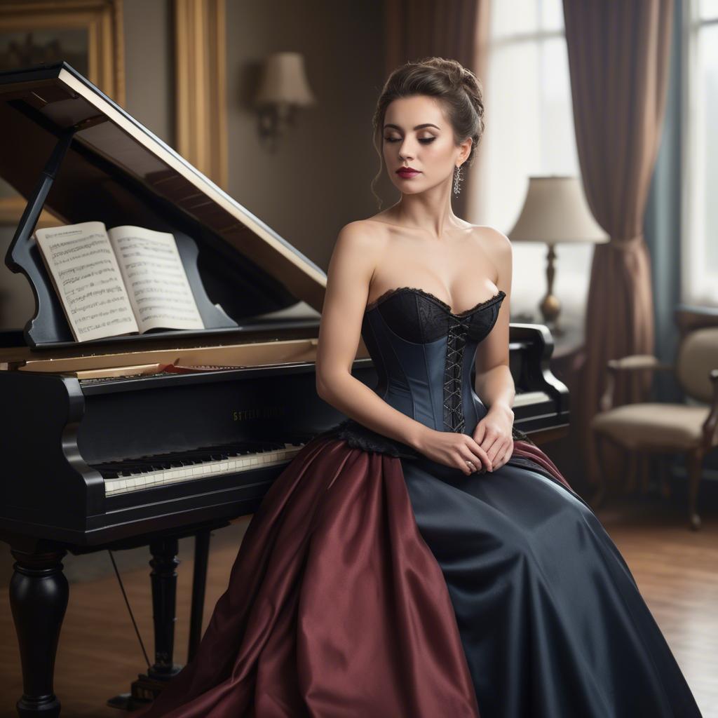 A stunning image of elegant woman in a corset gown by a grand piano.