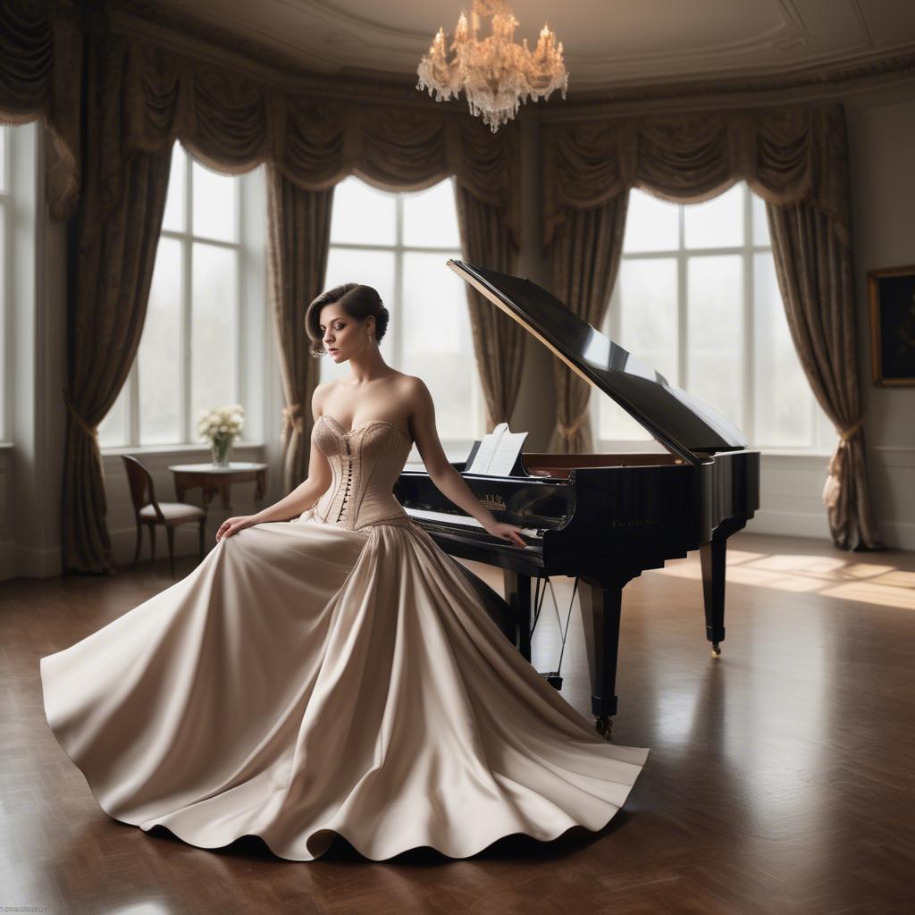 A stunning image of elegant woman in a corset gown by a grand piano.