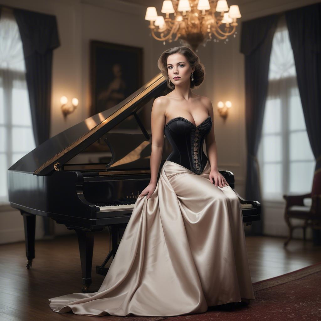 A stunning image of elegant woman in a corset gown by a grand piano.