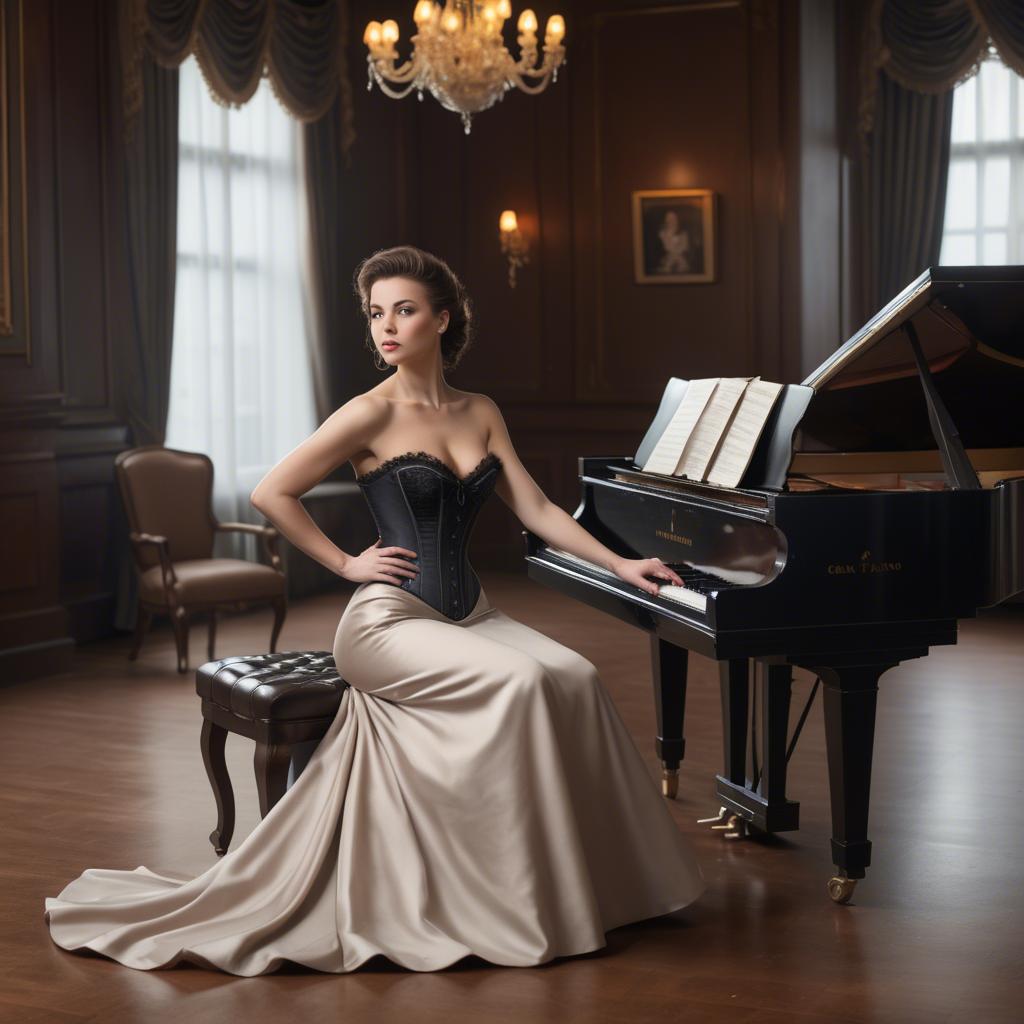 A stunning image of elegant woman in a corset gown by a grand piano.