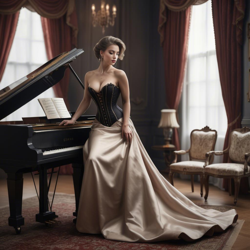 A stunning image of elegant woman in a corset gown by a grand piano.