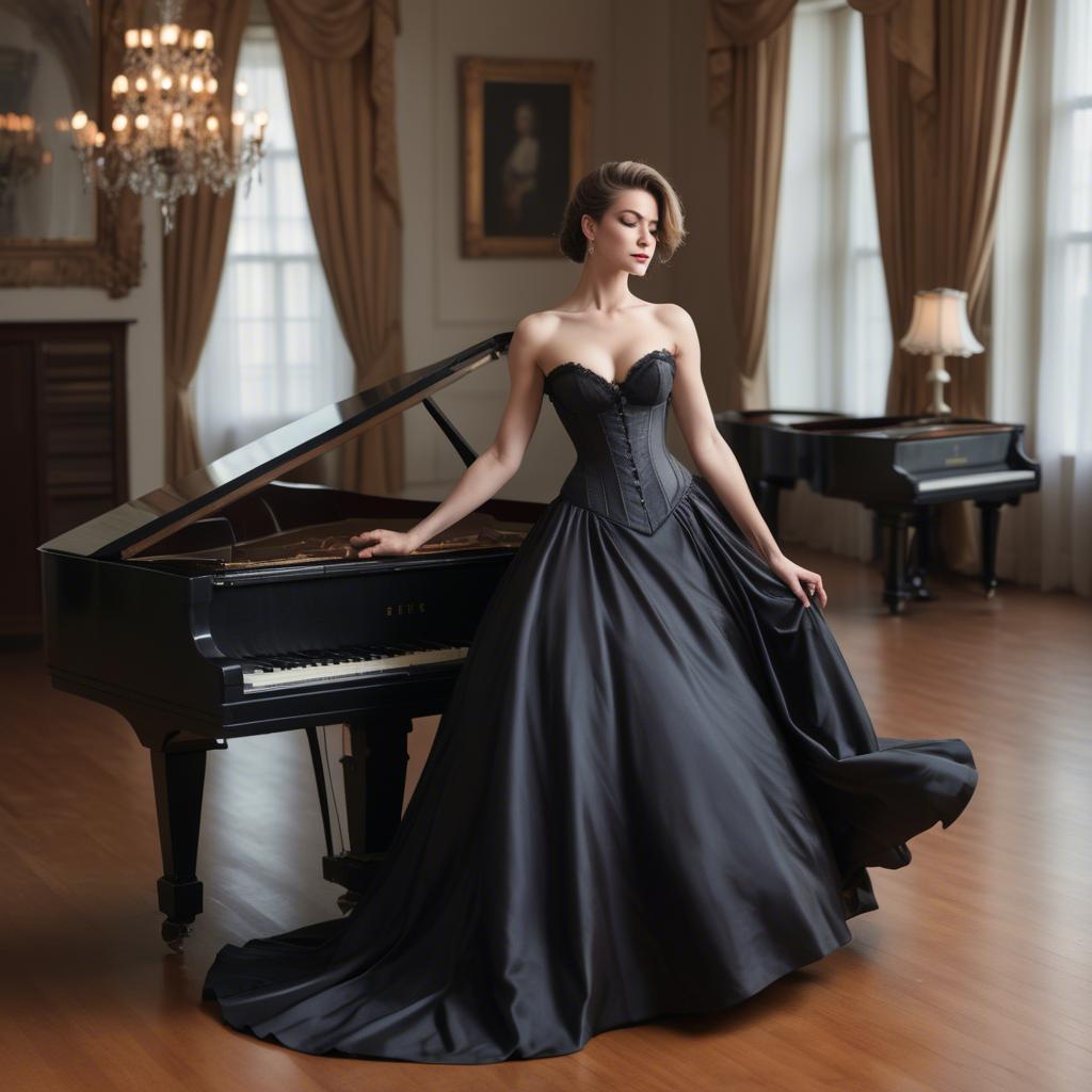 A stunning image of elegant woman in a corset gown by a grand piano.