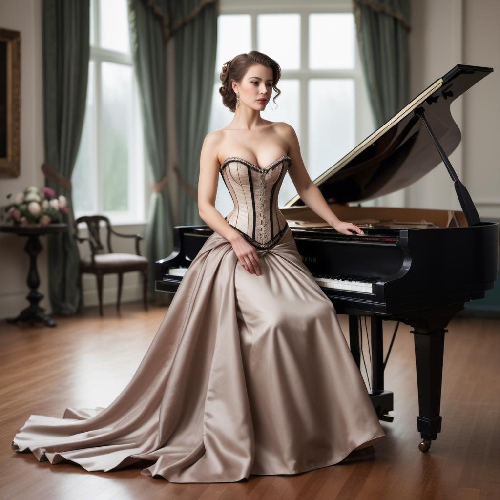 A stunning image of elegant woman in a corset gown by a grand piano.